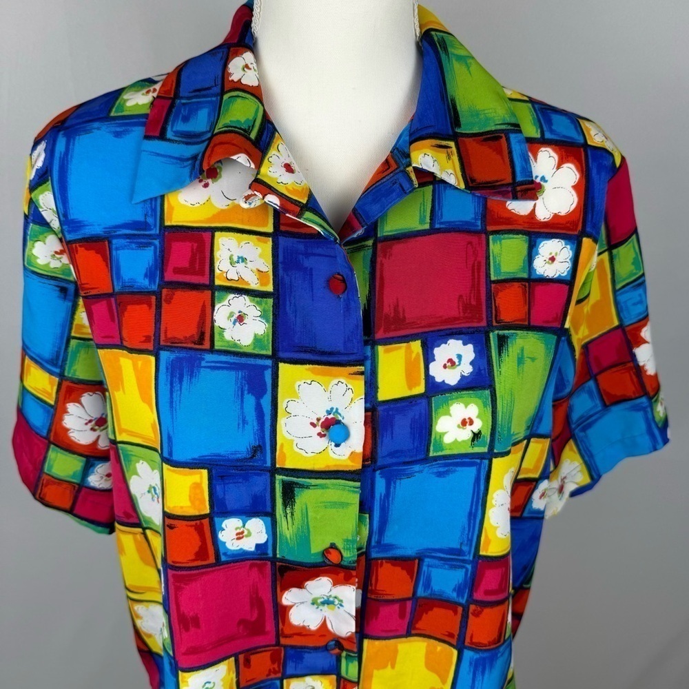 Vintage Jordan Short Sleeve Blouse Button Up Colorful Floral Print Medium Artsy - Picture 4 of 10